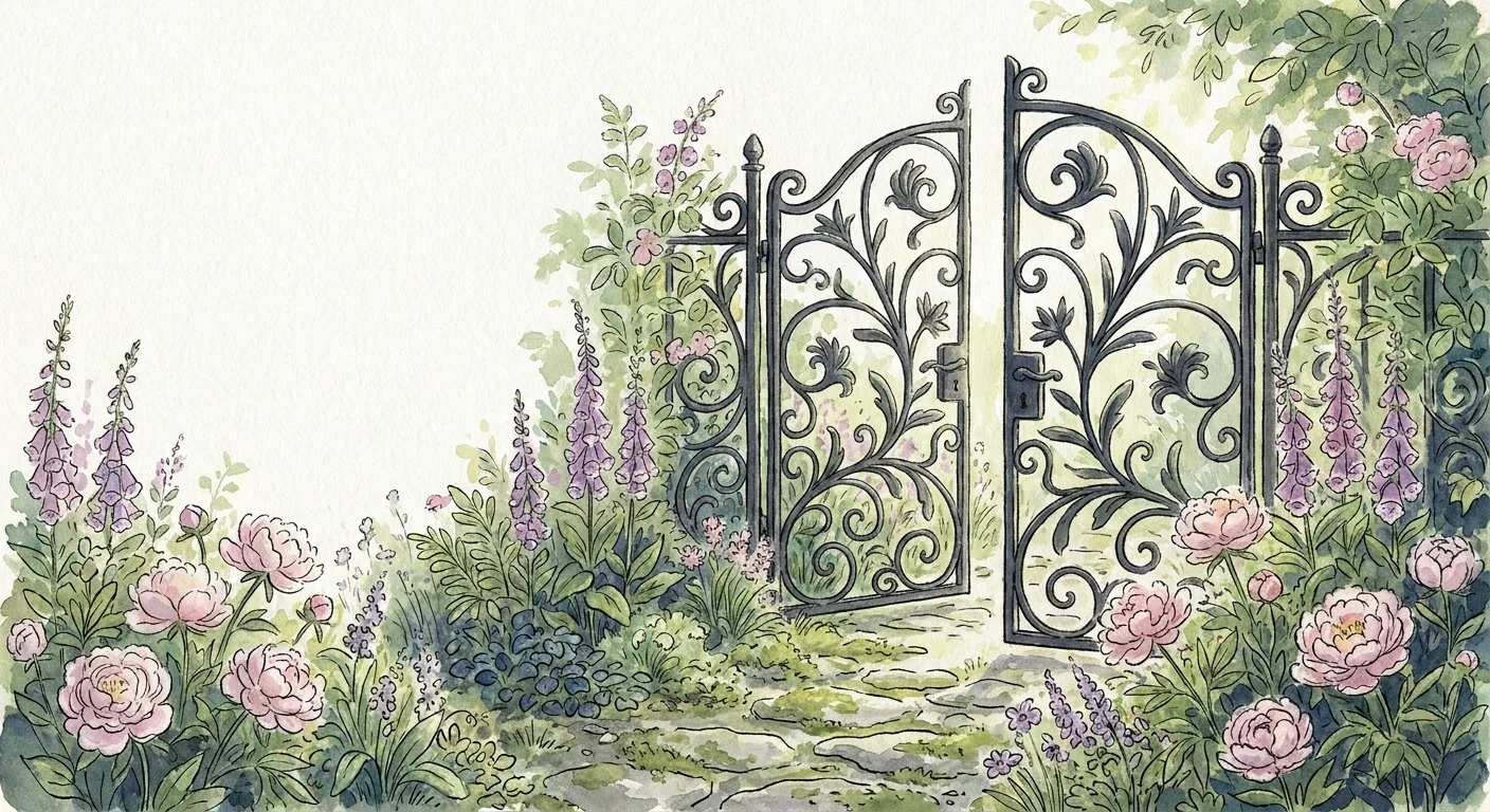 A watercolor illustration of an open wrought-iron gate in a garden, symbolizing healthy boundaries.