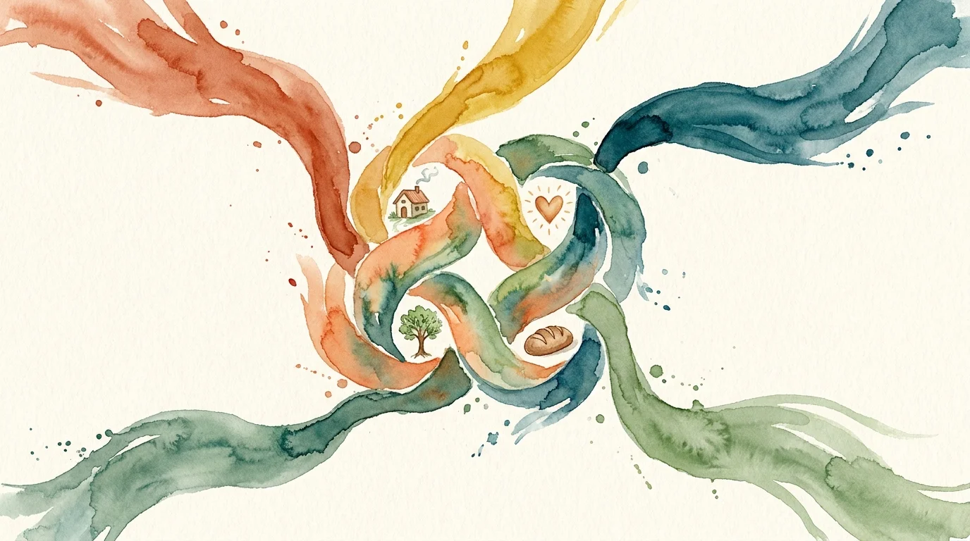 A watercolor illustration of colorful ribbons weaving into a braid with icons of a house and heart, symbolizing family identity.