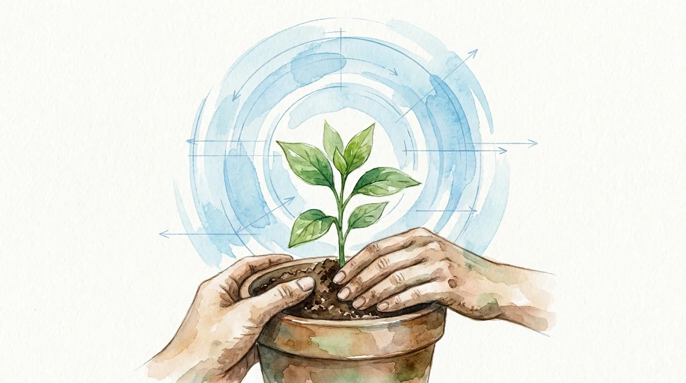 A watercolor illustration of hands planting a green sprout, with blue circles representing the growth of a new habit.
