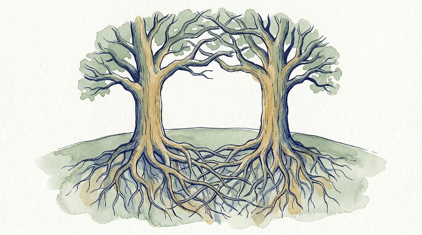 A watercolor illustration of two trees with intertwined roots, symbolizing the deep connection of siblings.