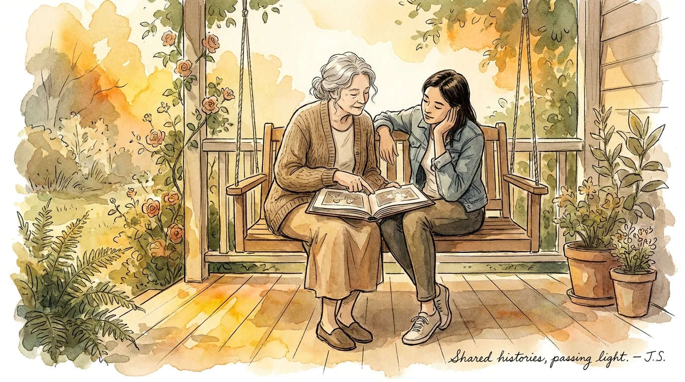 A watercolor illustration of two women sitting on a porch swing, sharing stories while looking at an old photo album.