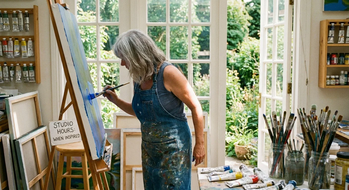 A woman in her 60s painting in her art studio, focused on her own creative passion.