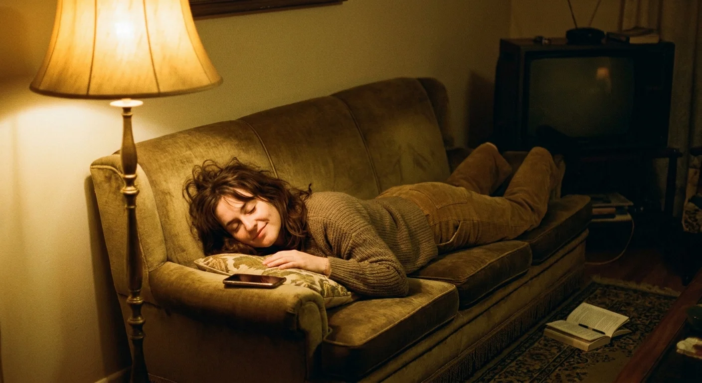 A woman lying on a sofa with a look of pure relief after seeing a cancellation on her phone.