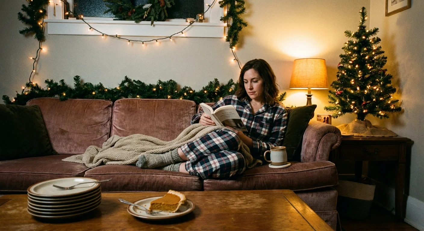 A woman relaxing on a sofa in pajamas during the holidays, choosing rest and peace over traditional hosting duties.