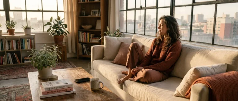 A woman sits thoughtfully in her sunlit apartment, reflecting on her relationships with a phone lying face down nearby.