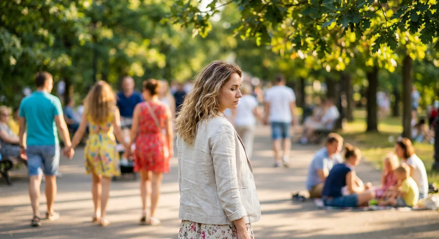 A woman walks alone through a park filled with blurred couples, looking isolated despite the bright surroundings.