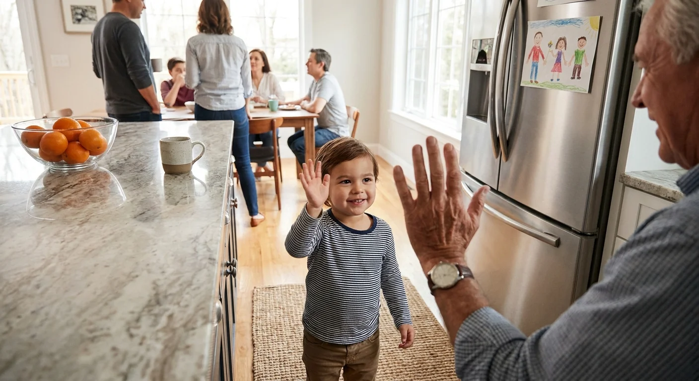 A young child confidently offering a high-five instead of a hug to a relative in a bright kitchen setting.