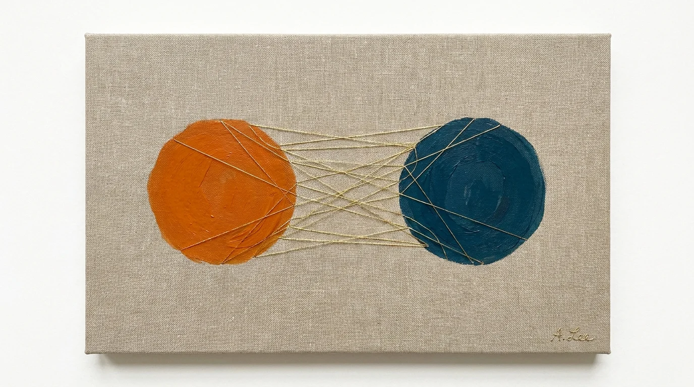 An abstract illustration of two separate circles connected by gold threads, representing empathy without enmeshment.