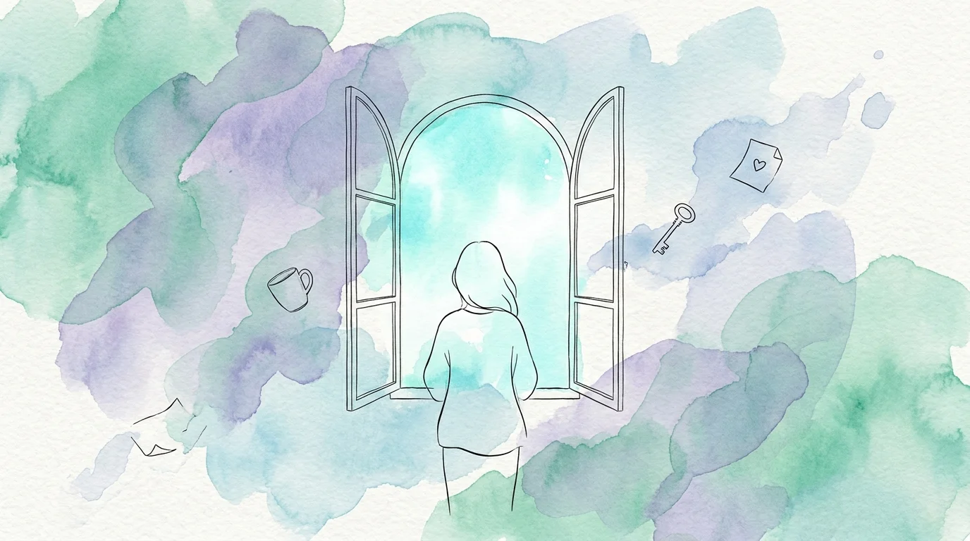 An abstract watercolor in soft greens and blues showing a person looking out a window, symbolizing mental peace during grief.