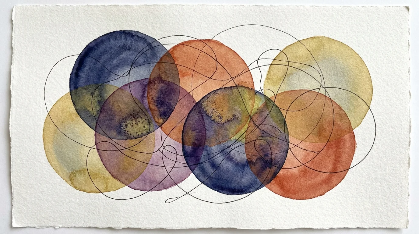 An abstract watercolor of overlapping indigo and gold circles, representing the interconnected nature of non-monogamous relationships.