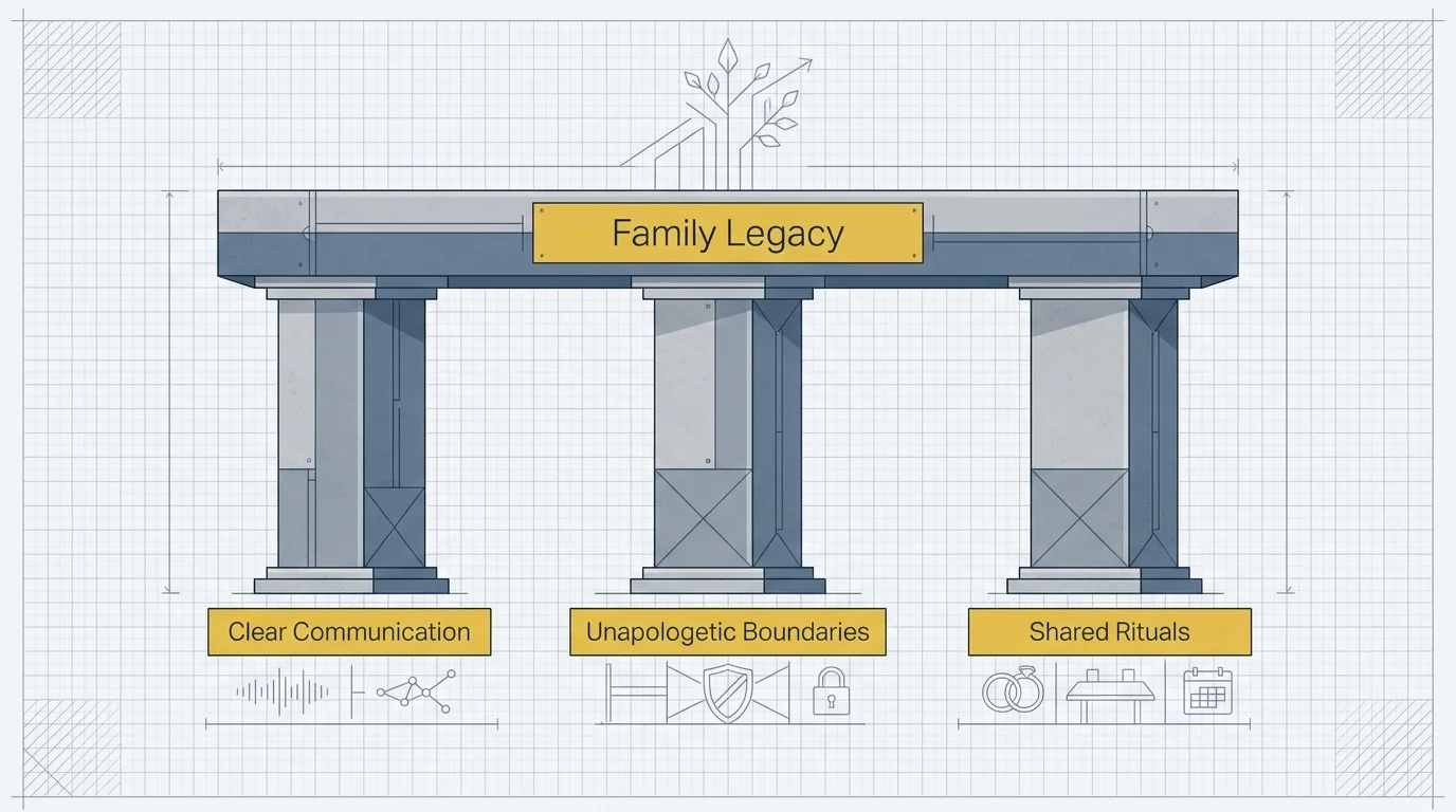 An architectural diagram showing three pillars labeled Communication, Boundaries, and Rituals supporting a family legacy.