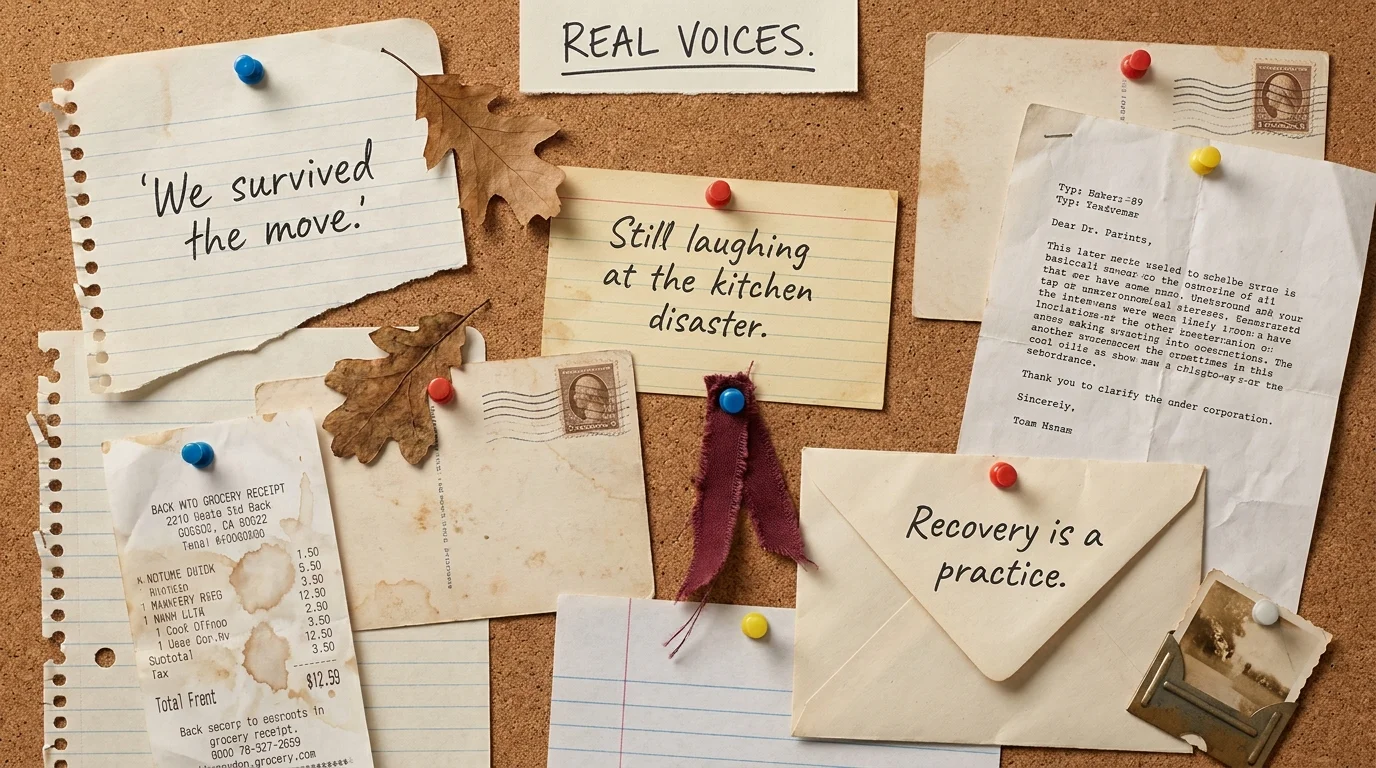An artistic collage of handwritten notes and quotes on a corkboard, representing different family stories.