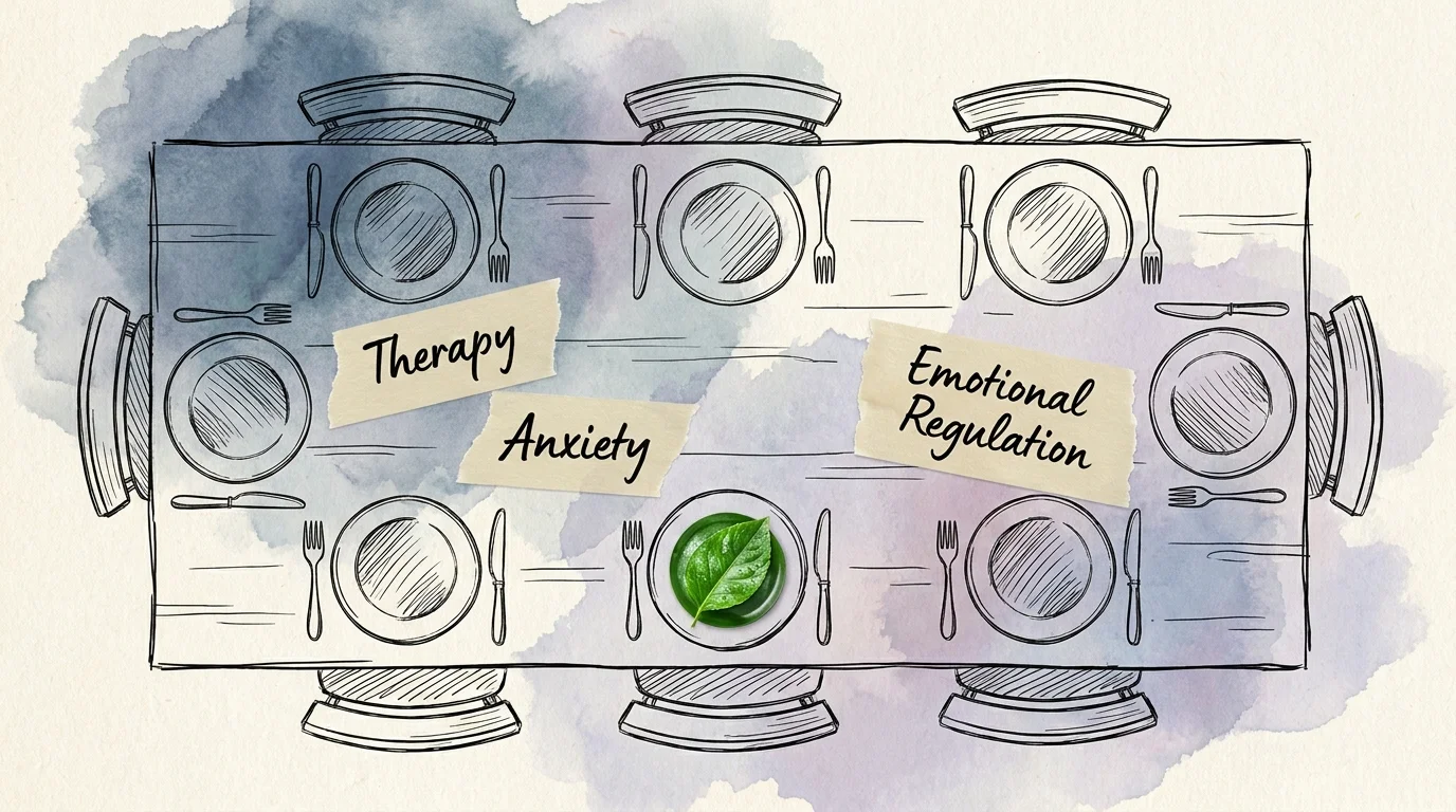 An editorial collage of a dinner table with labels for 'Therapy' and 'Anxiety,' representing open family discussions about mental health.