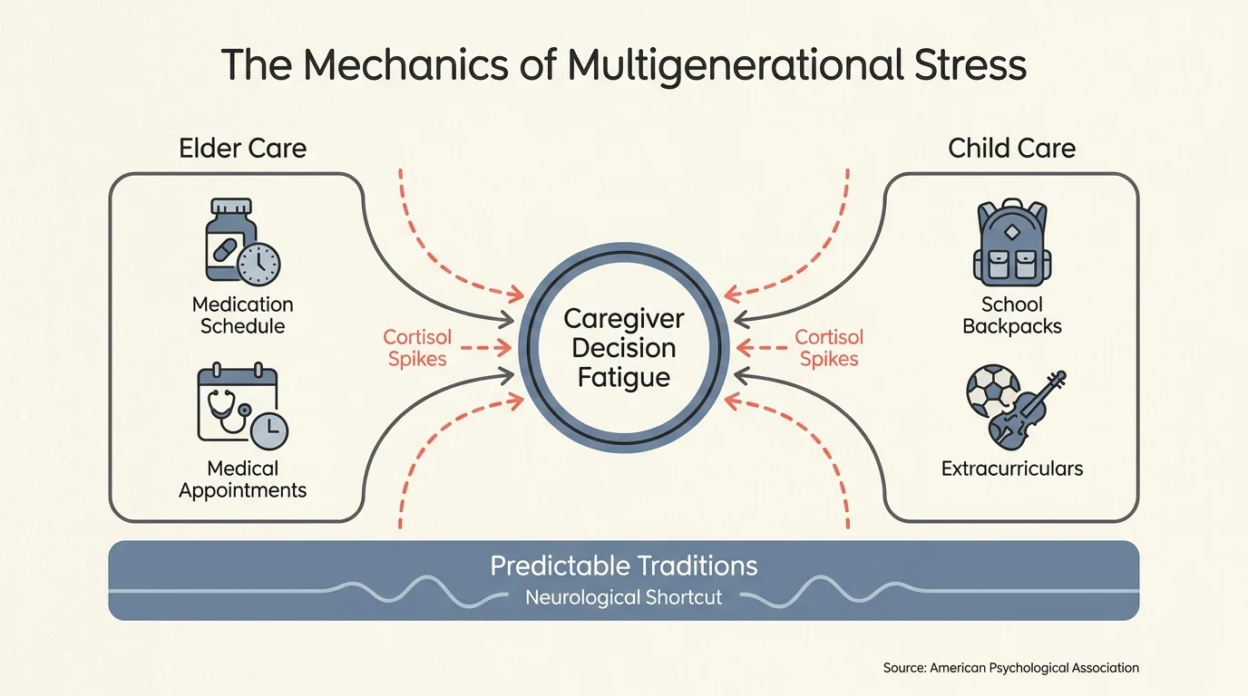 An editorial diagram showing the tension between elder care and child care, and how traditions reduce caregiver decision fatigue.