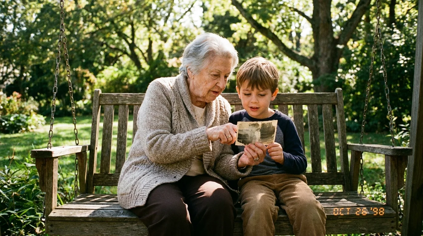 An elderly woman and a young boy looking at an old black-and-white photo together while sitting on a porch swing.