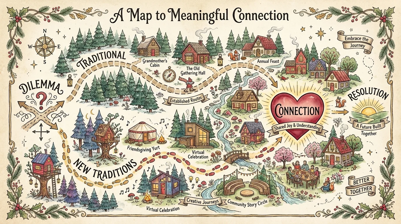 An illustrated map showing different paths to holiday connection, labeled with 'Traditional' and 'New Traditions'.