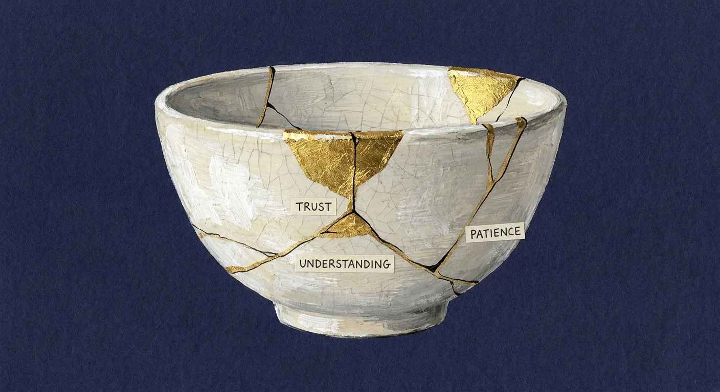 An illustration of a broken ceramic bowl being repaired with gold, symbolizing the process of conflict repair.