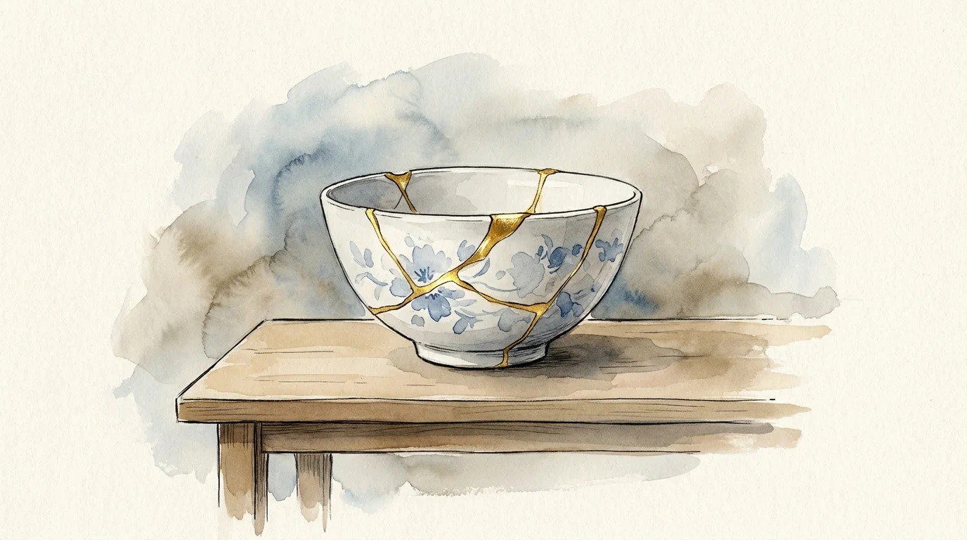 An illustration of a ceramic bowl mended with gold, representing the healing power of an apology.
