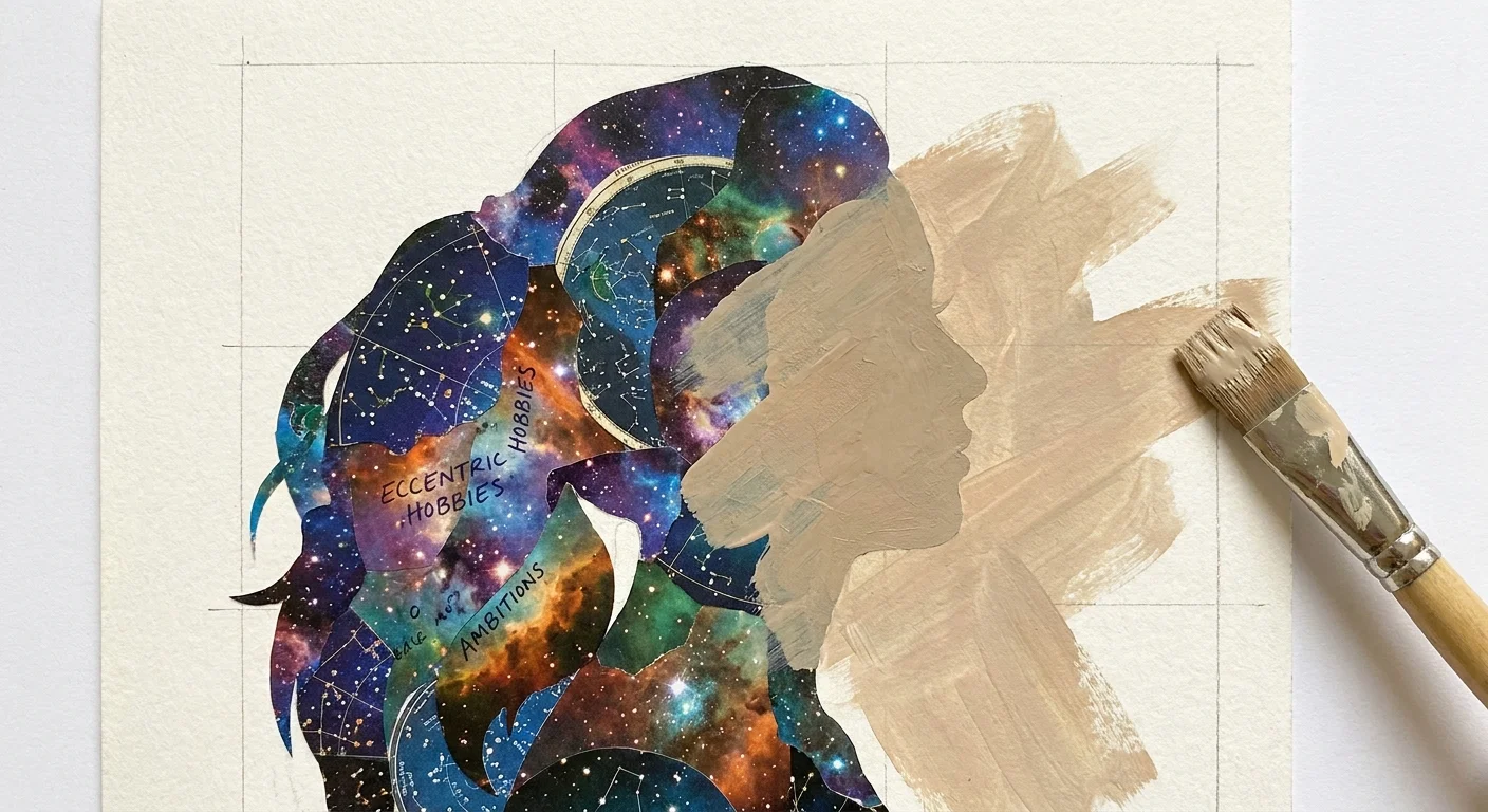 An illustration of a colorful silhouette being painted over with beige paint, symbolizing the loss of self.