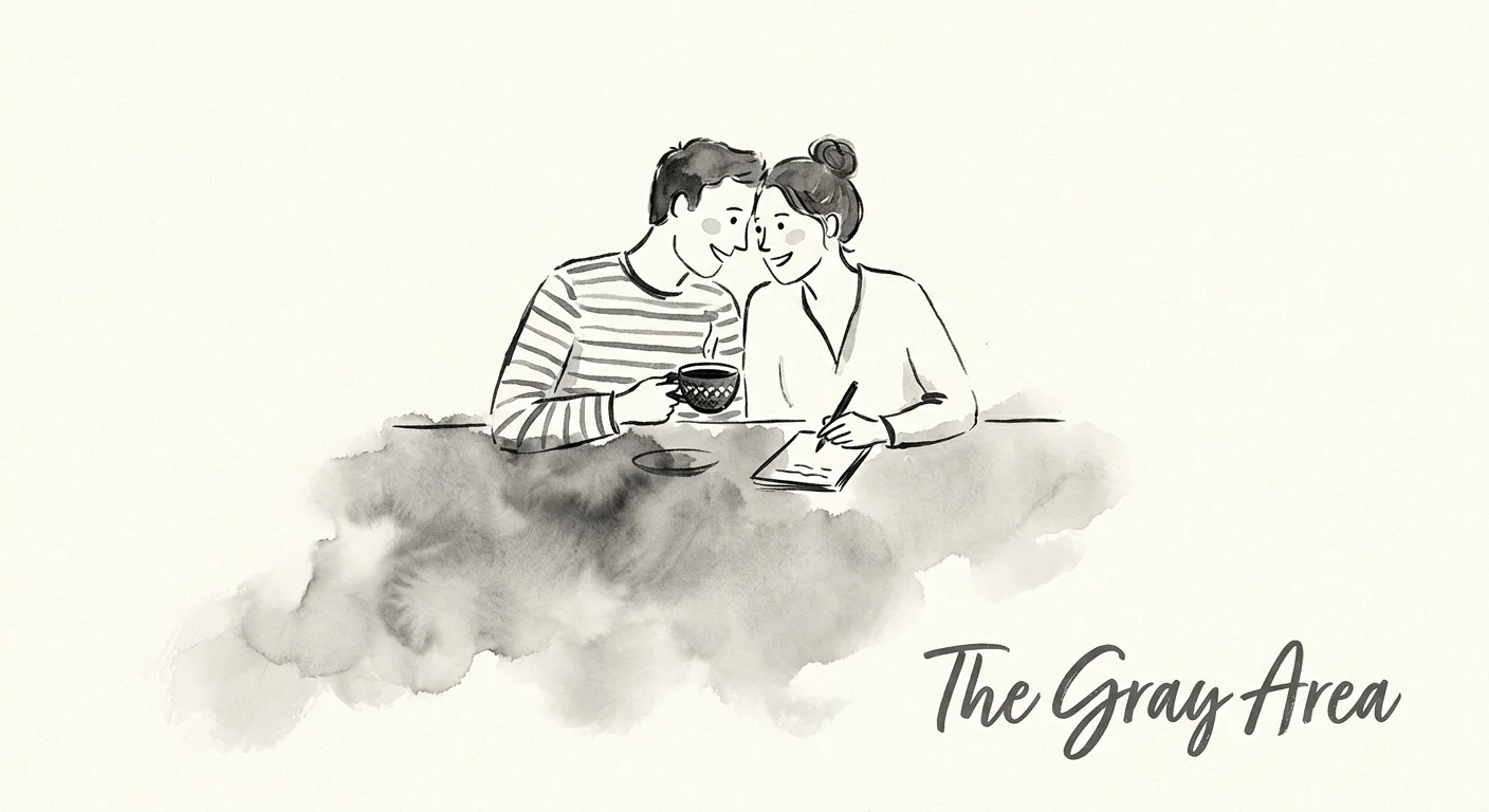 An illustration of a couple sharing an intimate moment while their lower halves are obscured by a literal gray fog of ambiguity.