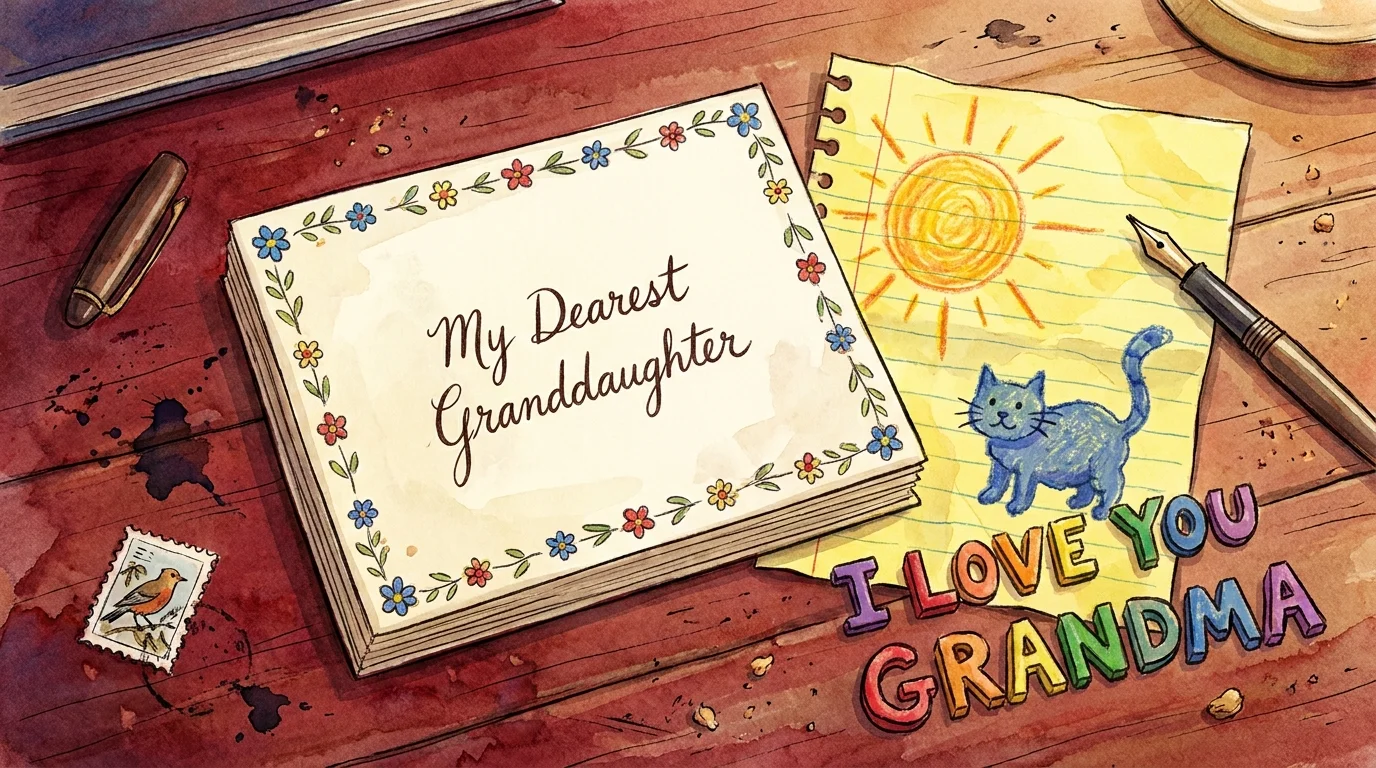An illustration of a desk with a handwritten letter from a grandparent and a child's crayon drawing response.