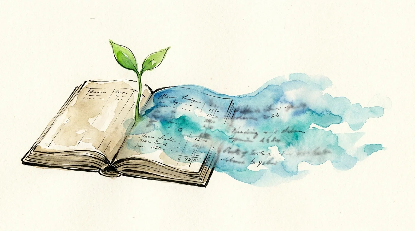 An illustration of a ledger book being washed clean by blue watercolor, symbolizing the end of emotional scorekeeping.