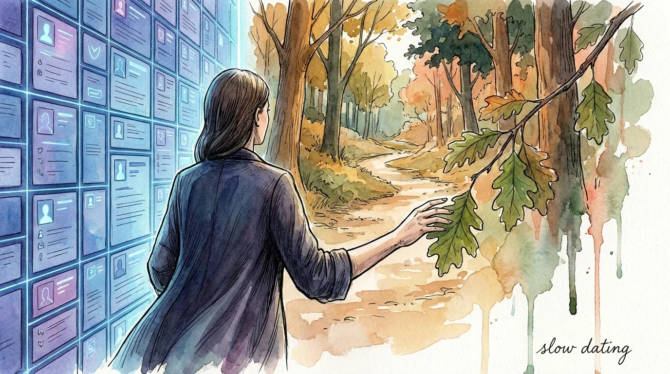 An illustration of a person walking away from a glowing grid of dating profiles toward a soft, hand-painted natural path.