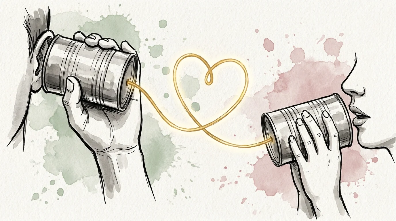An illustration of a tin-can telephone with a golden string forming a heart, showing a parent listening.
