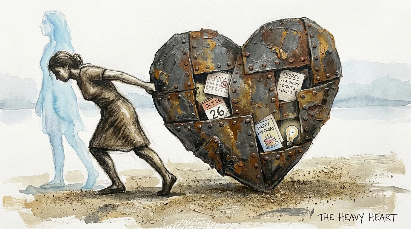 An illustration of a woman dragging a heavy metal heart while her partner stands light and unburdened in the background.
