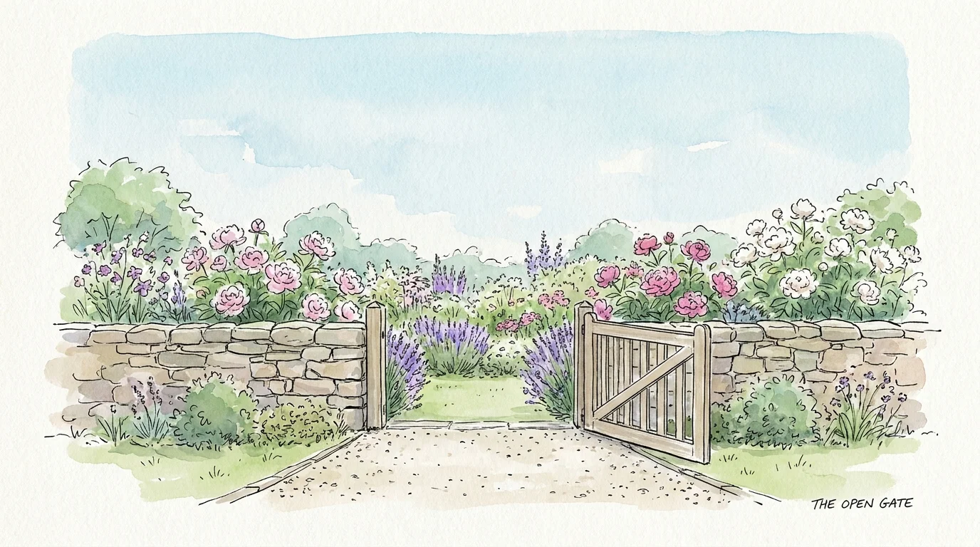 An illustration of an open garden gate and a stone wall, symbolizing healthy and respected boundaries.