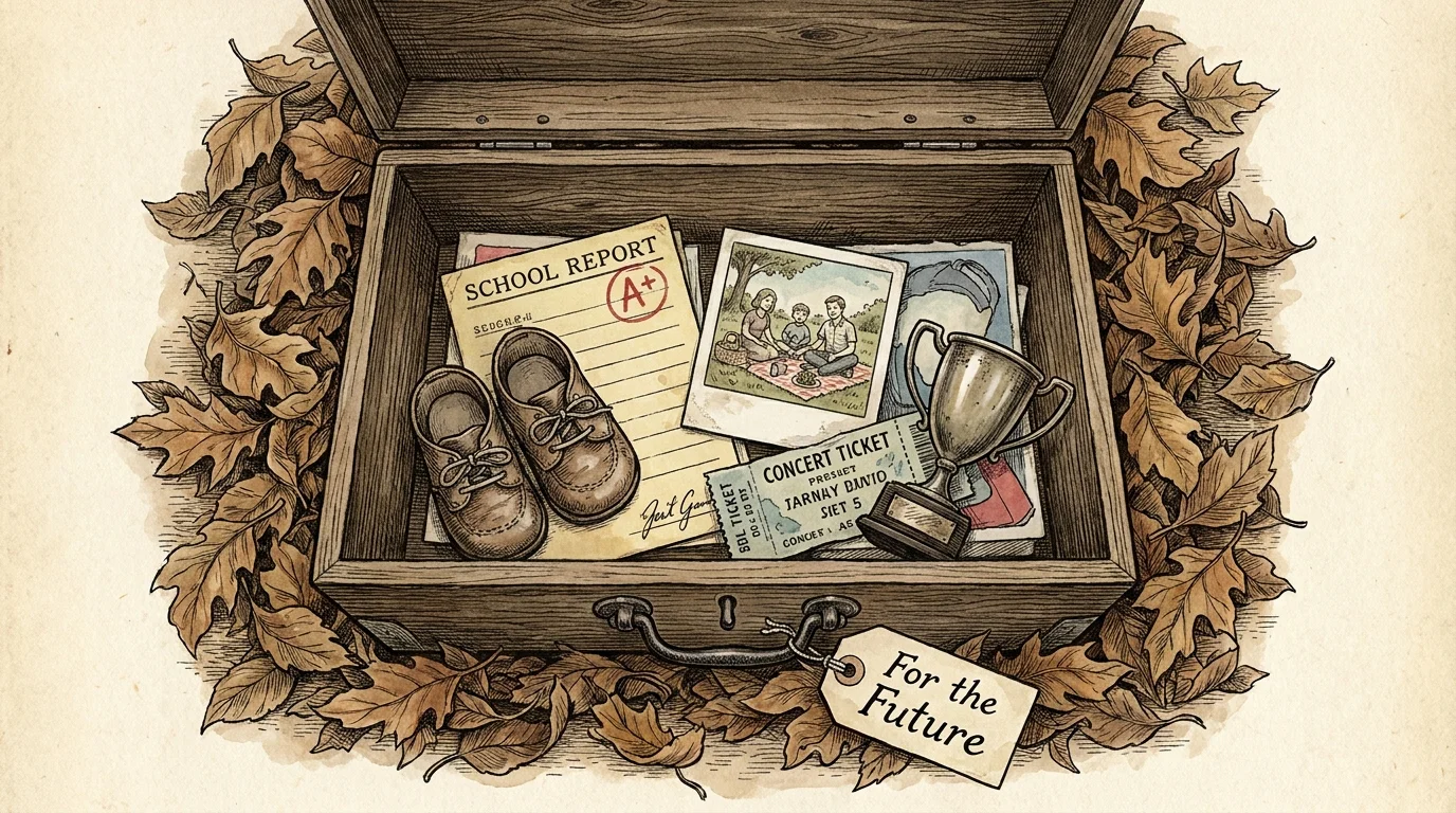An illustration of an open time capsule box filled with childhood mementos like shoes, photos, and report cards.