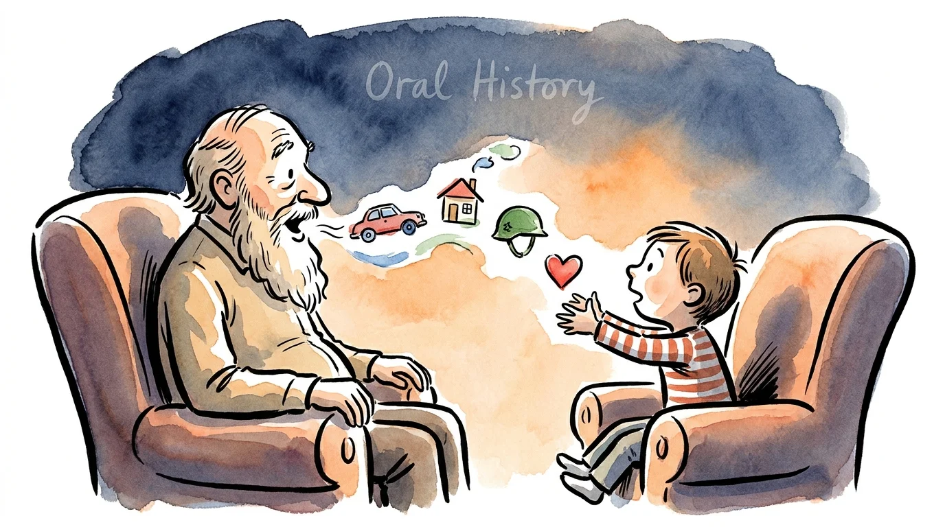 An illustration showing a grandfather telling stories that turn into floating icons which a child reaches out to catch.