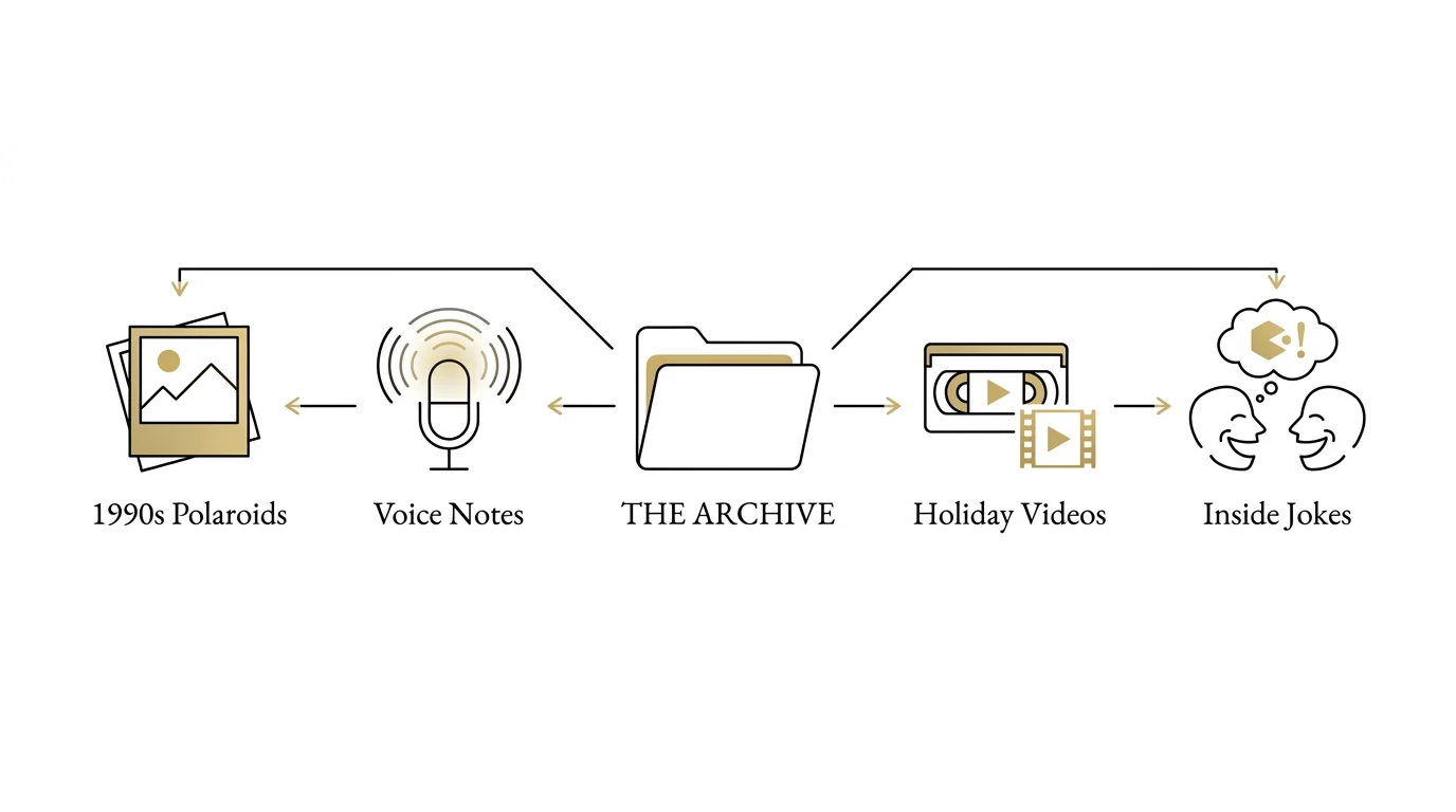 An infographic showing the organization of a digital family archive into photos, videos, and notes.