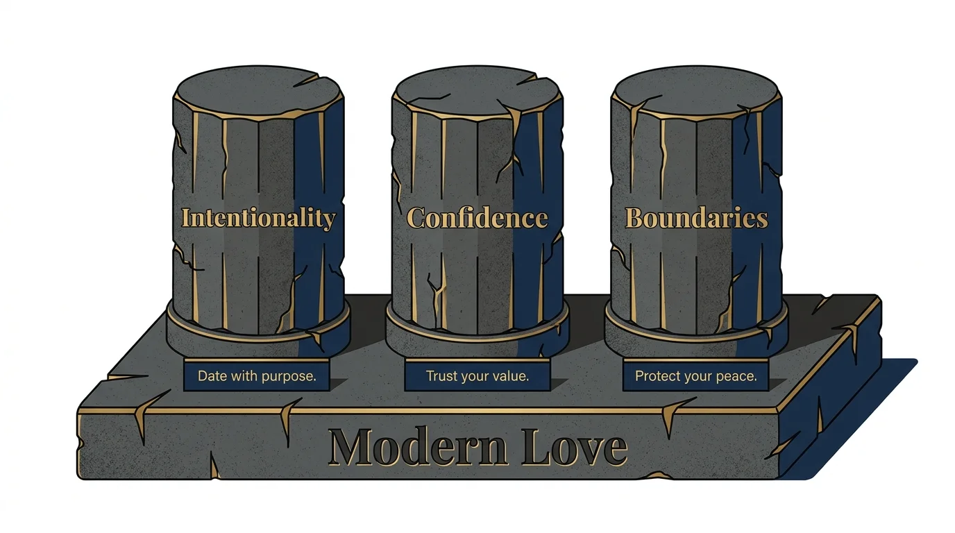 An infographic showing three stone pillars labeled Intentionality, Confidence, and Boundaries, standing on a shared foundation.