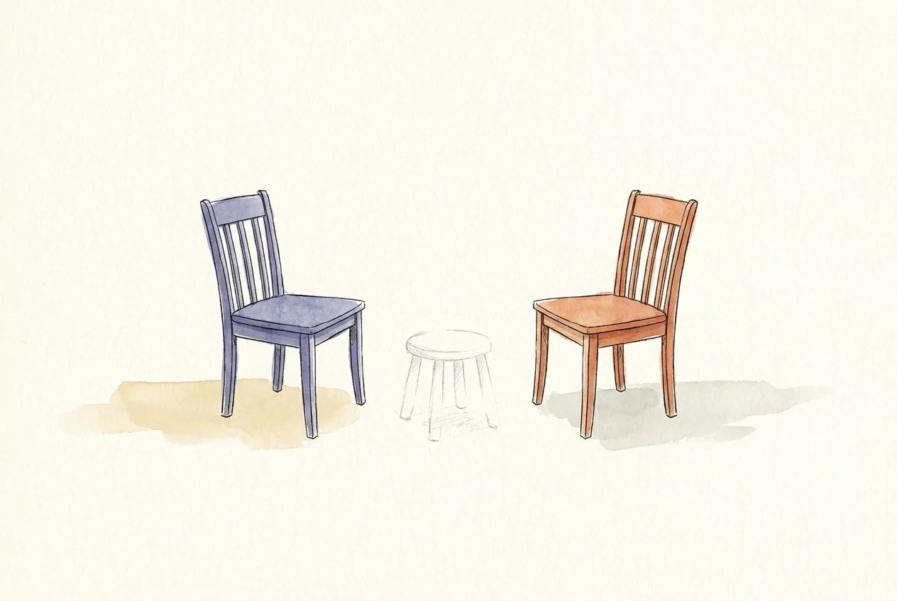 An ink and watercolor drawing of two identical adult chairs facing each other, symbolizing a shift to a peer relationship.