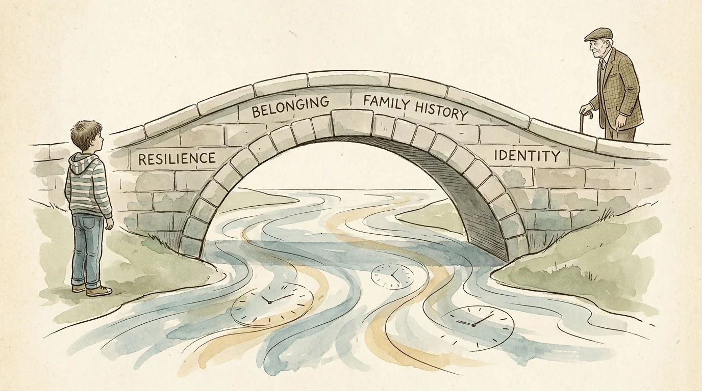 An ink and watercolor illustration of a child and grandparent connected by a bridge labeled with family values.