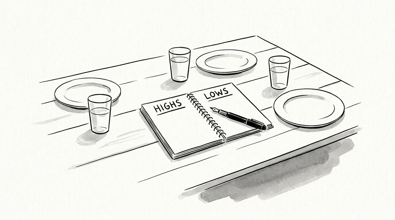 An ink sketch of a dinner table with a notepad labeled 'HIGHS' and 'LOWS', representing a daily communication ritual.