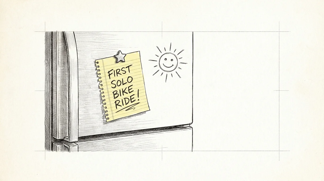 An ink sketch of a refrigerator door with a note that says 'FIRST SOLO BIKE RIDE!' pinned by a star magnet.