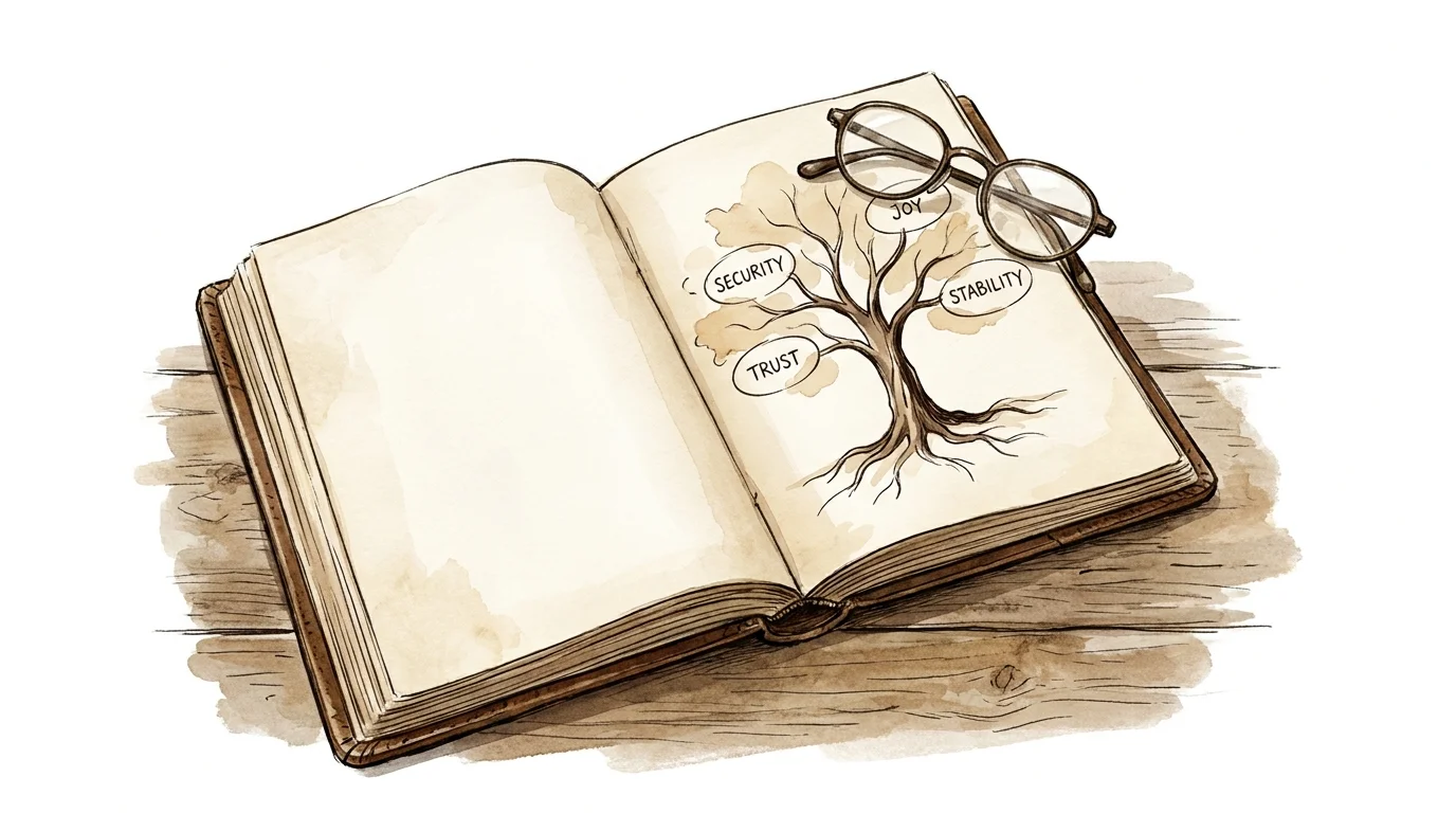 An ink sketch of an open journal with a family tree where the branches are labeled with values like 'TRUST' and 'JOY'.