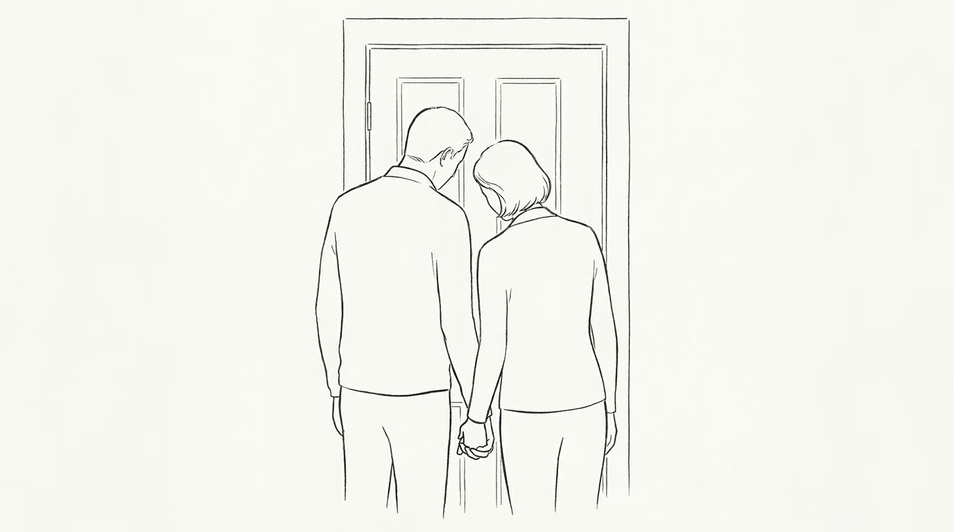 An ink sketch of two adults holding hands from behind, standing together in solidarity.