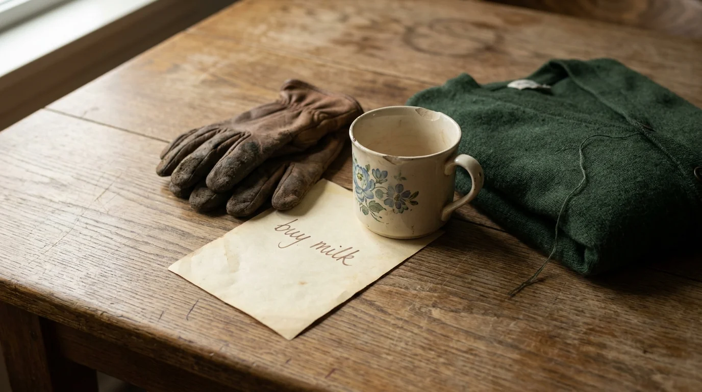 An overhead photo of a scratched wooden table holding a grocery list, gardening gloves, a chipped mug, and a wool sweater.