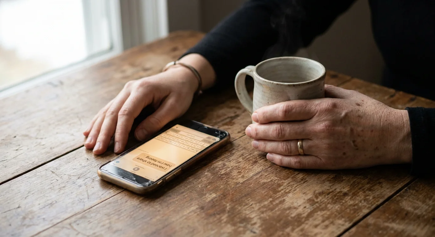 Close-up of hands on a wooden table next to a phone with a carefully drafted message, symbolizing clear communication.