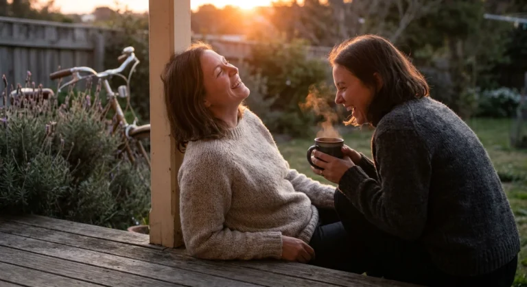 Two adult sisters laughing together on a porch at sunset, wearing cozy sweaters and holding mugs.