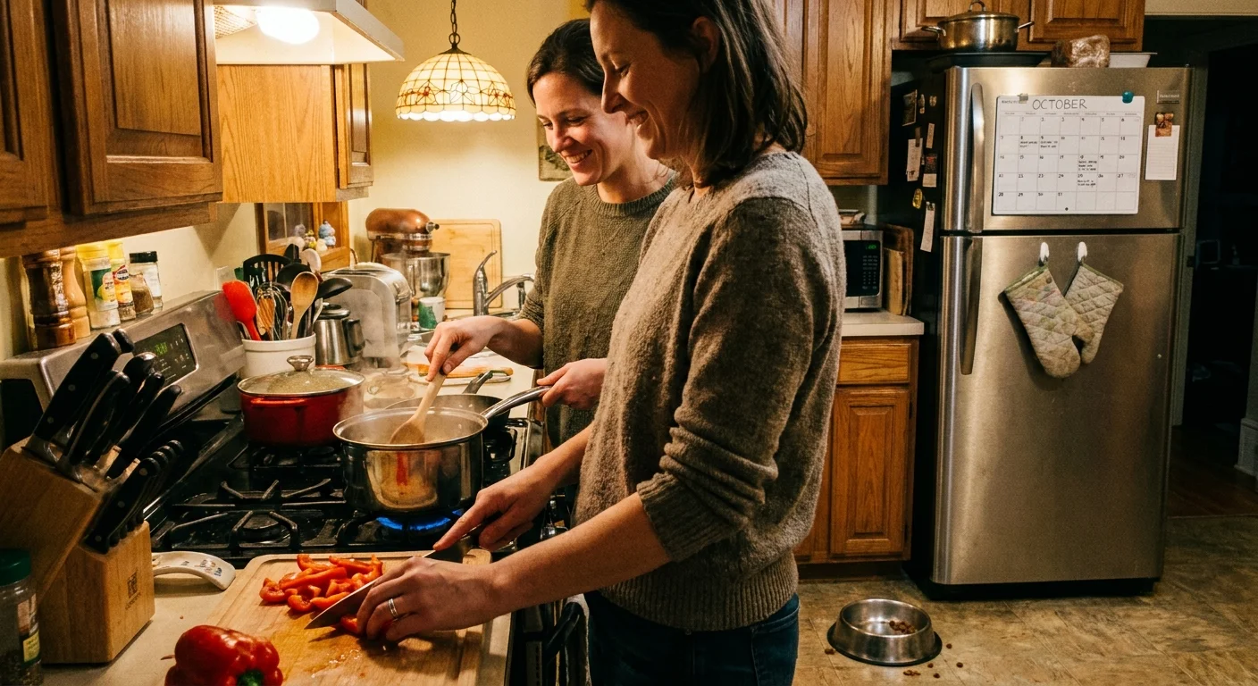 Two friends working together in a cozy kitchen, illustrating the stability and joy of a platonic life partnership.