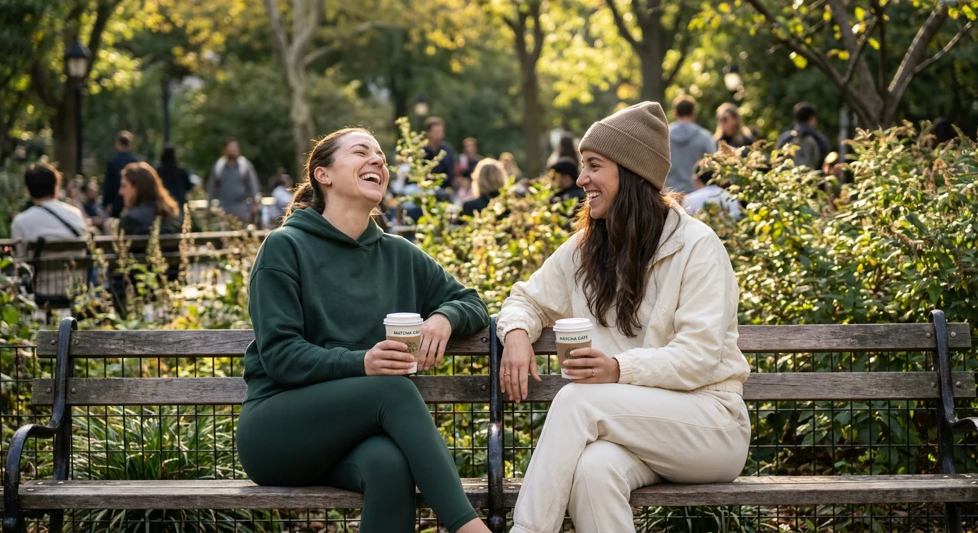 Two people enjoying a casual date in a park with matcha lattes instead of cocktails, reflecting the sober dating trend.