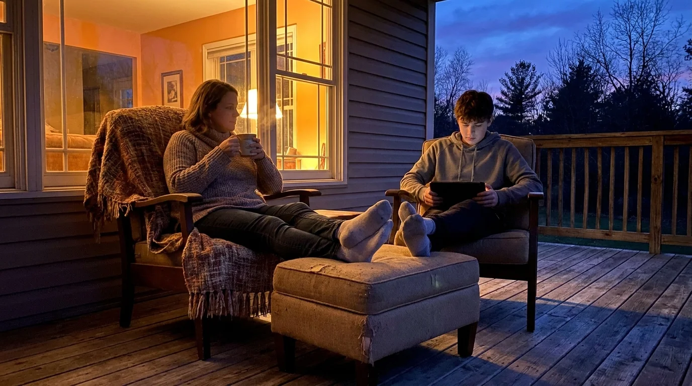 Two people sitting quietly together on a porch at dusk, their feet touching on a shared ottoman.